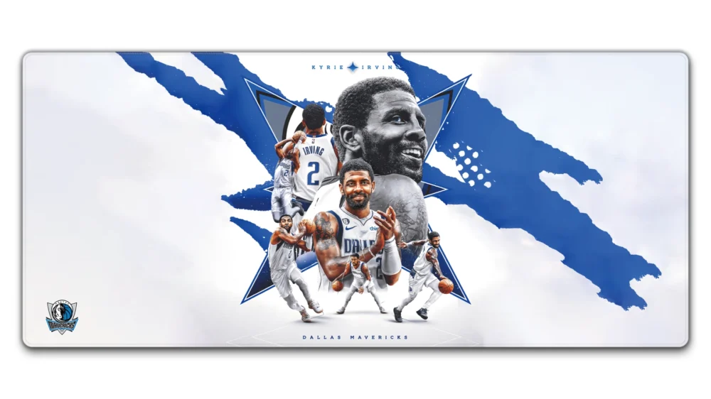 Kyrie Irving Dallas Mavericks Desk Mat Kyrie Irving Dallas Mavericks Desk Mat in 900 × 400 mm size with vivid blue white basketball artwork for keyboard and mouse setups