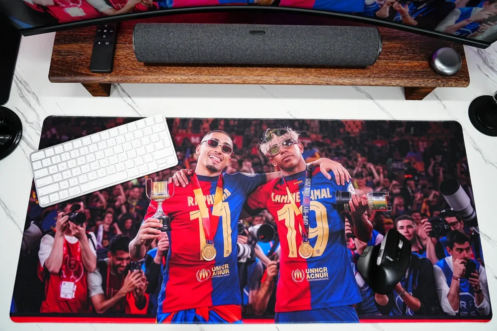 Lamine Yamal Barcelona Mouse Pad with keyboard and mouse placed on the surface while the Barcelona trophy celebration remains clearly visible