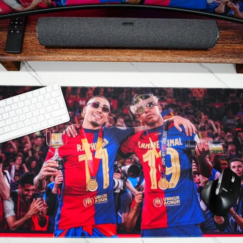 Lamine Yamal Barcelona Mouse Pad with keyboard and mouse placed on the surface while the Barcelona trophy celebration remains clearly visible
