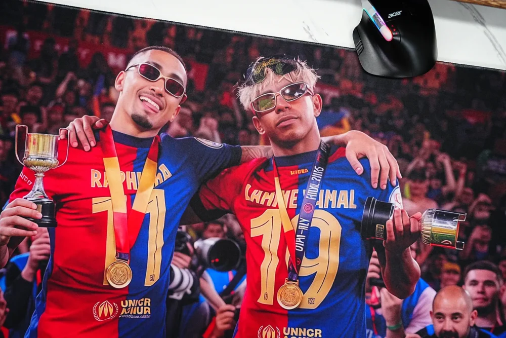 Lamine Yamal Barcelona Mouse Pad featuring Yamal and his Barcelona teammate with medals and trophy details in a close celebration view