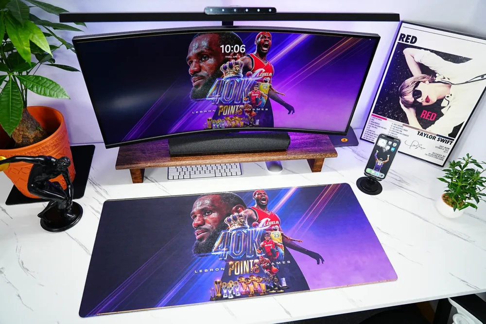 LeBron 40K Desk Setup with Matching Screen LeBron James 40K Points Desk Mat in a full setup with matching screen artwork for a coordinated basketball desk