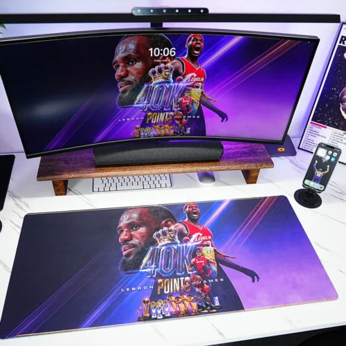 LeBron 40K Desk Setup with Matching Screen LeBron James 40K Points Desk Mat in a full setup with matching screen artwork for a coordinated basketball desk