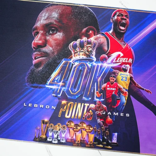 LeBron 40K Artwork Detail Desk Mat LeBron 40K desk mat close-up showing sharp artwork, vivid color, crown detail, trophies, and career tribute elements
