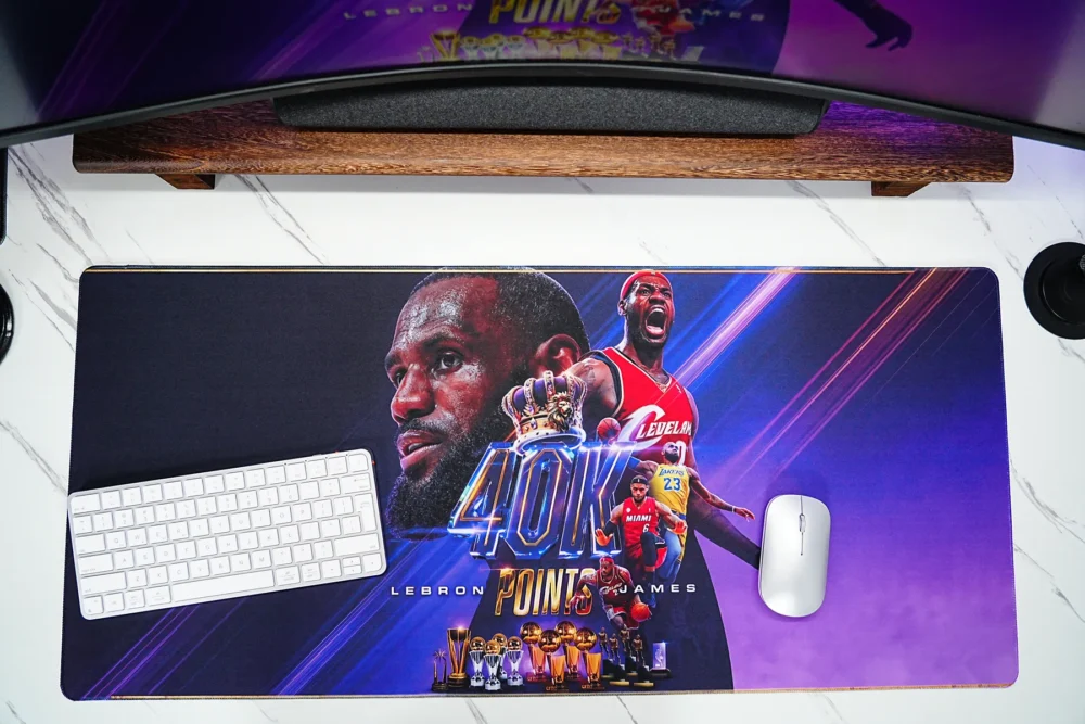 LeBron Basketball Desk Mat for Keyboard Mouse LeBron basketball desk mat with keyboard and mouse placed on top, showing wide space for work and gaming control