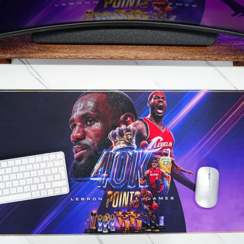 LeBron Basketball Desk Mat for Keyboard Mouse LeBron basketball desk mat with keyboard and mouse placed on top, showing wide space for work and gaming control