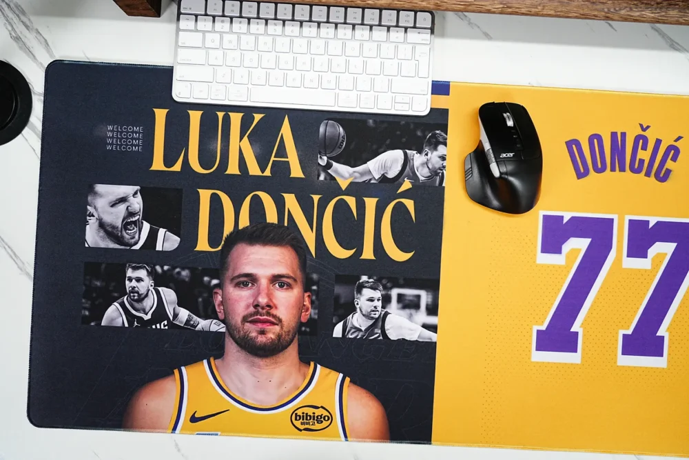 Basketball gaming desk pad with keyboard and mouse placed on the surface, showing smooth control space for daily gaming and work