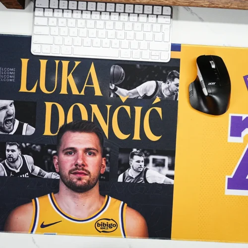 Basketball gaming desk pad with keyboard and mouse placed on the surface, showing smooth control space for daily gaming and work