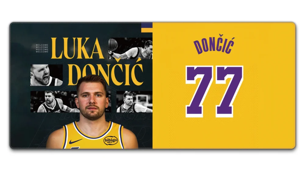 Luka Doncic Lakers 77 Gaming Desk Pad in 900 × 400 mm size with purple-and-gold jersey artwork for TKL keyboard and mouse setups