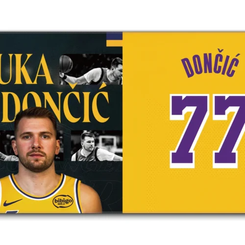 Luka Doncic Lakers 77 Gaming Desk Pad in 900 × 400 mm size with purple-and-gold jersey artwork for TKL keyboard and mouse setups