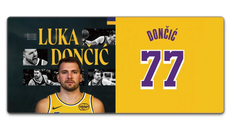 Luka Doncic Lakers 77 Gaming Desk Pad 900×400 Luka Doncic Lakers 77 Gaming Desk Pad in 900 × 400 mm size with purple-and-gold jersey artwork for TKL keyboard and mouse setups