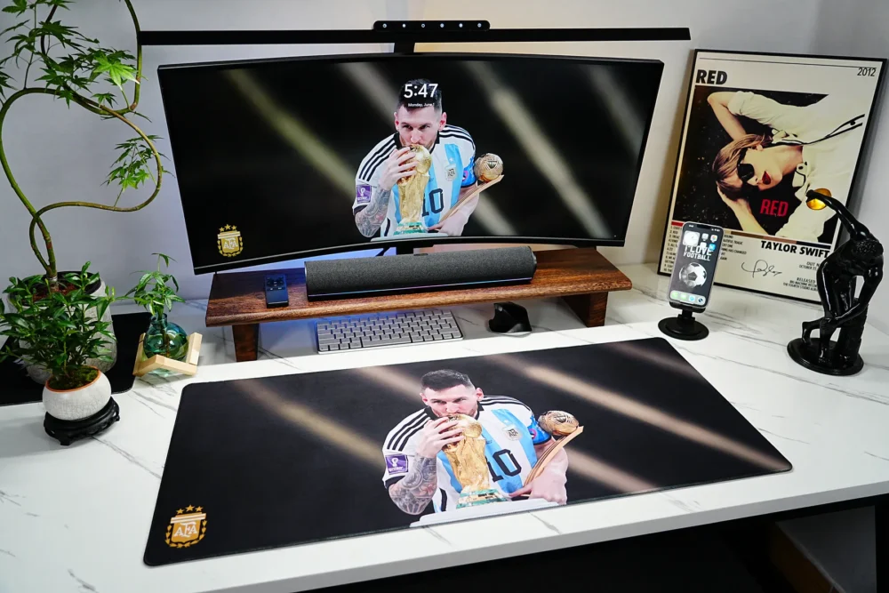 Messi World Cup Mouse Pad for Football Desk Setup Messi Argentina 2022 World Cup Mouse Pad shown in a full desk setup with matching monitor wallpaper and fan decor
