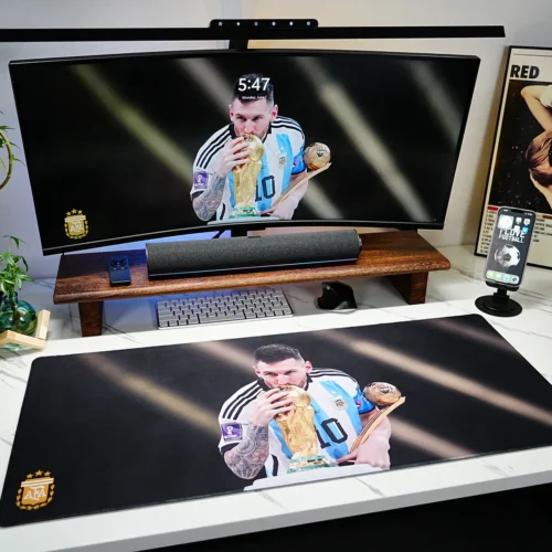 Messi World Cup Mouse Pad for Football Desk Setup Messi Argentina 2022 World Cup Mouse Pad shown in a full desk setup with matching monitor wallpaper and fan decor