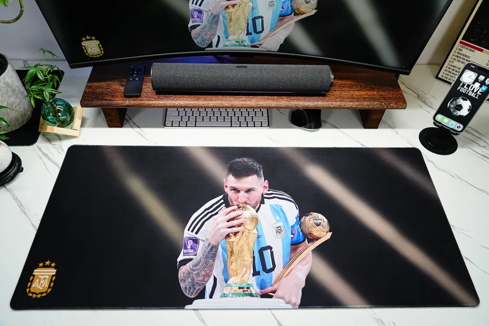 Messi Argentina Desk Mat for Wide Keyboard Space Messi Argentina desk mat shown from above with wide surface coverage for keyboard placement and smooth mouse movement