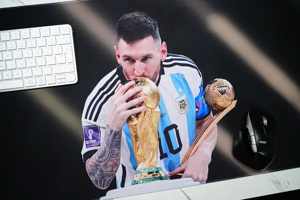 Messi Trophy Mouse Pad with Smooth Mouse Control Messi trophy mouse pad close-up with clear artwork detail, keyboard placement, and mouse area for daily control