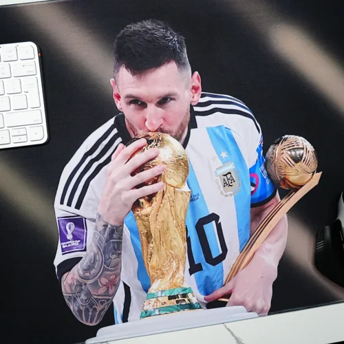 Messi Trophy Mouse Pad with Smooth Mouse Control Messi trophy mouse pad close-up with clear artwork detail, keyboard placement, and mouse area for daily control