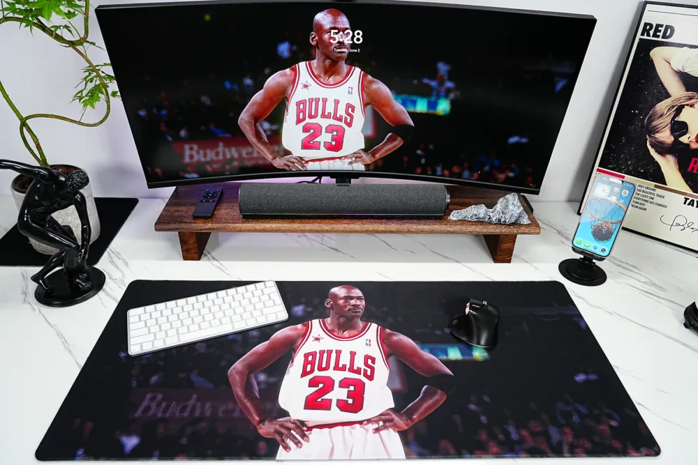 Jordan Bulls Desk Mat for Keyboard and Mouse Jordan Bulls desk mat holds a keyboard and mouse with open space for daily work and gaming control