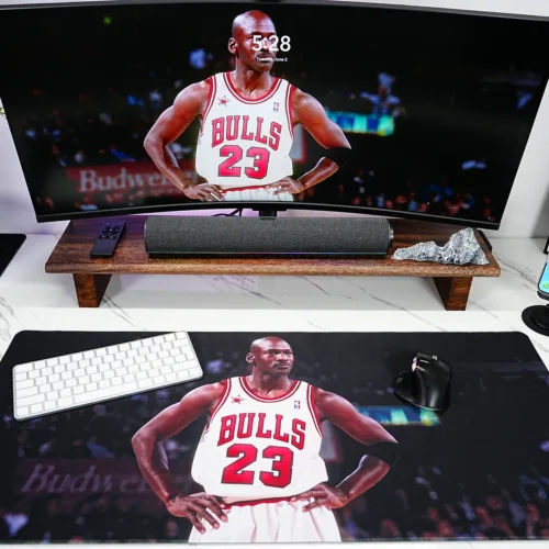Jordan Bulls Desk Mat for Keyboard and Mouse Jordan Bulls desk mat holds a keyboard and mouse with open space for daily work and gaming control