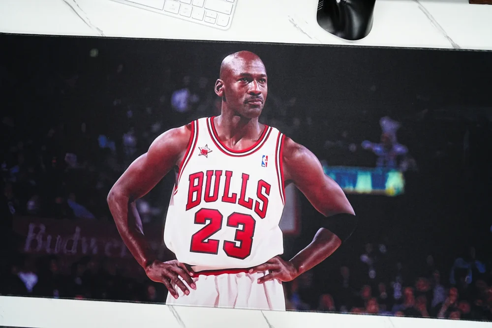 Bulls 23 Desk Mat Artwork Detail Close-up Bulls 23 desk mat artwork shows sharp jersey detail, deep background contrast, and vivid red color
