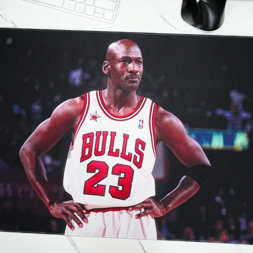 Bulls 23 Desk Mat Artwork Detail Close-up Bulls 23 desk mat artwork shows sharp jersey detail, deep background contrast, and vivid red color