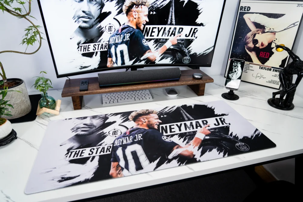 Neymar Jr Soccer Tribute Mouse Pad shown in a full desk setup with monitor, keyboard, and matching football-inspired workspace styling