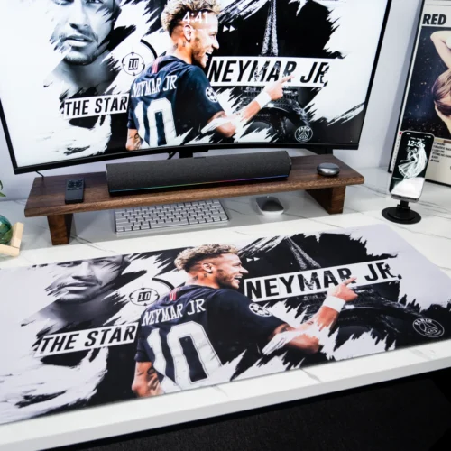Neymar Jr Soccer Tribute Mouse Pad shown in a full desk setup with monitor, keyboard, and matching football-inspired workspace styling