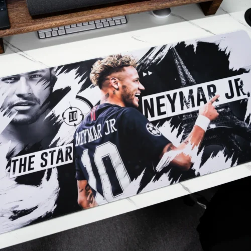 Neymar Jr Soccer Tribute Mouse Pad photographed from above to reveal the full artwork layout, including Neymar imagery, No. 10 detail, and Paris-inspired elements