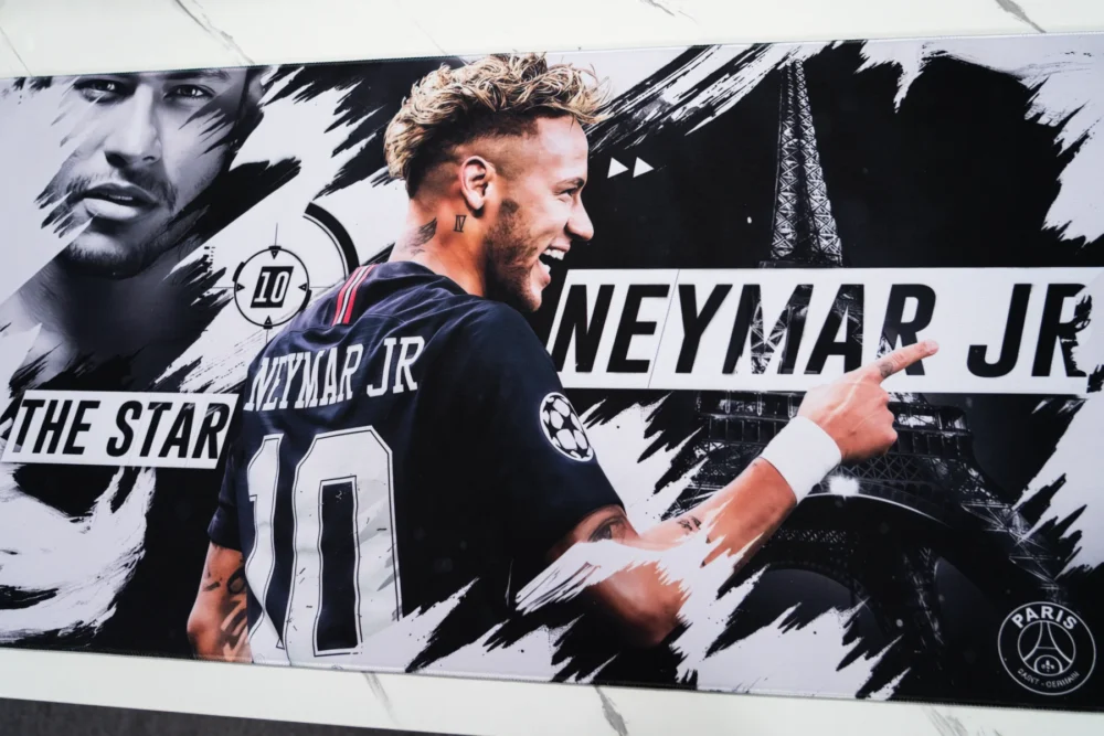 Neymar Jr Soccer Tribute Mouse Pad close-up showing the tribute artwork details, including Neymar portrait, No. 10 shirt, and Paris-themed graphic accents