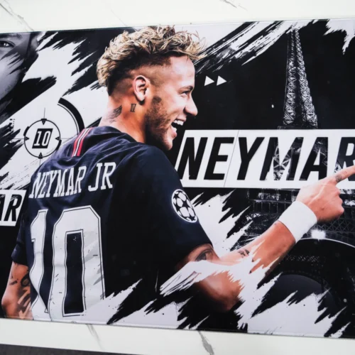Neymar Jr Soccer Tribute Mouse Pad close-up showing the tribute artwork details, including Neymar portrait, No. 10 shirt, and Paris-themed graphic accents