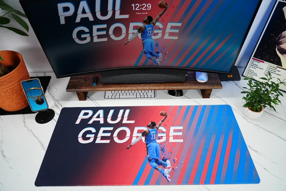 Paul George OKC Thunder mouse pad shown in a full basketball desk setup with matching monitor artwork