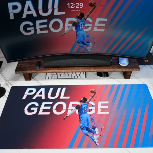 Paul George OKC Thunder mouse pad shown in a full basketball desk setup with matching monitor artwork