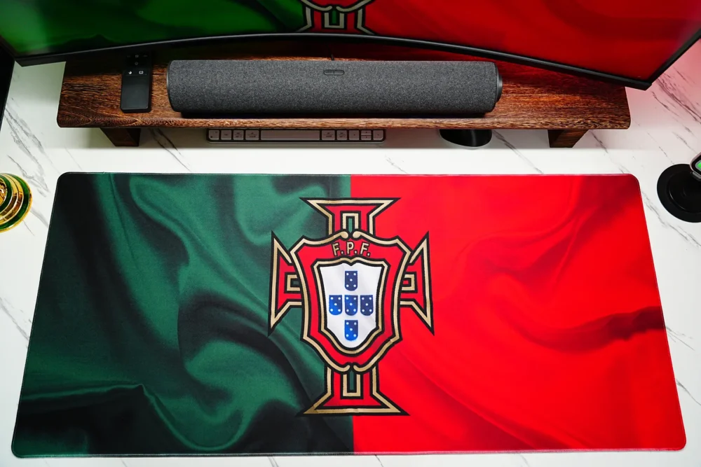 Portugal football desk mat with wide red green surface for keyboard and mouse placement without splitting the work area