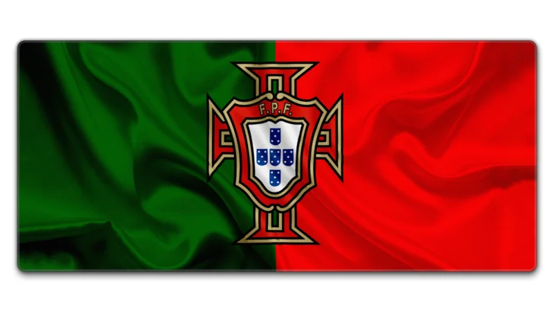 Portugal Football Team Desk Mat 900×400 | AiryPad Portugal Football Team Desk Mat in 900 × 400 mm with red green crest artwork for TKL keyboard and mouse setups