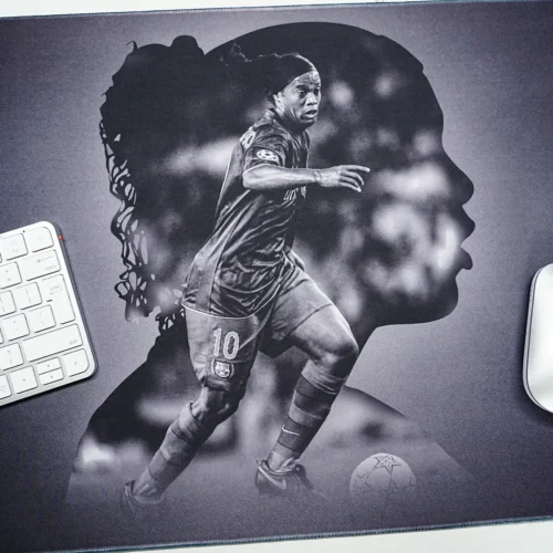 Ronaldinho Barcelona desk mat with keyboard and mouse placed on the surface, showing usable space for daily work and smooth control