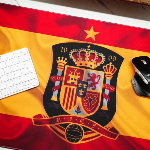 Spain soccer desk mat with keyboard and mouse in use, showing clear mouse space and visible center artwork for daily control.