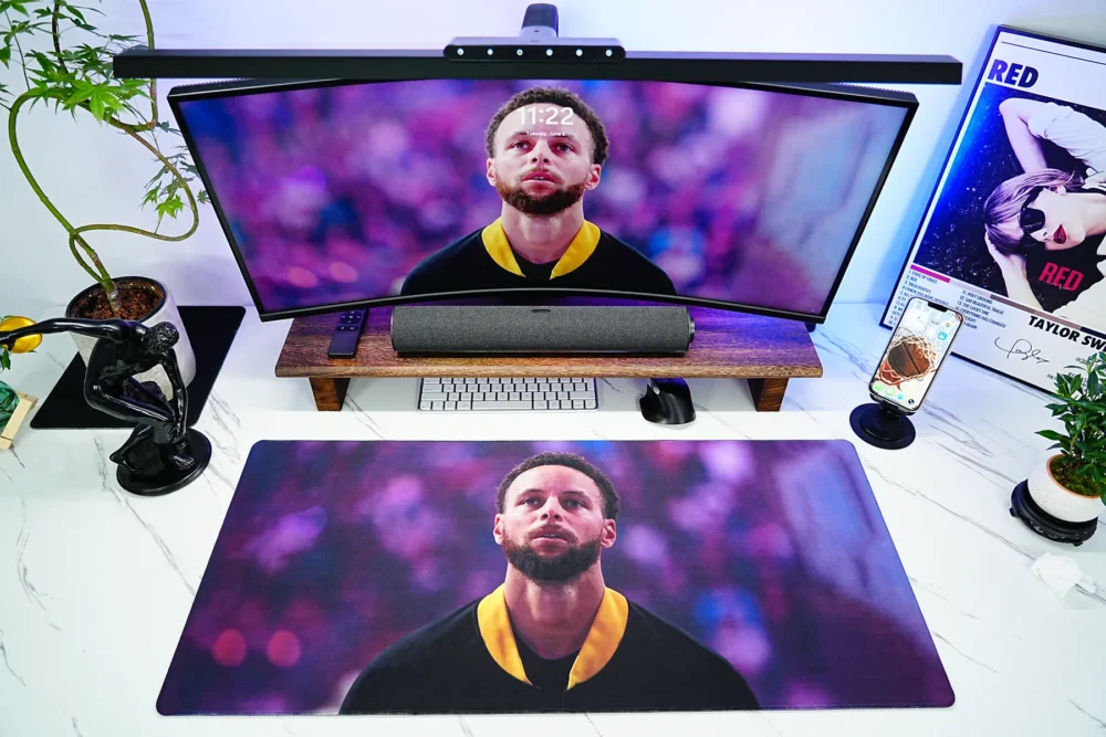 Stephen Curry Desk Mat for NBA Desk Setup Stephen Curry desk mat displayed in a complete NBA-themed desk setup