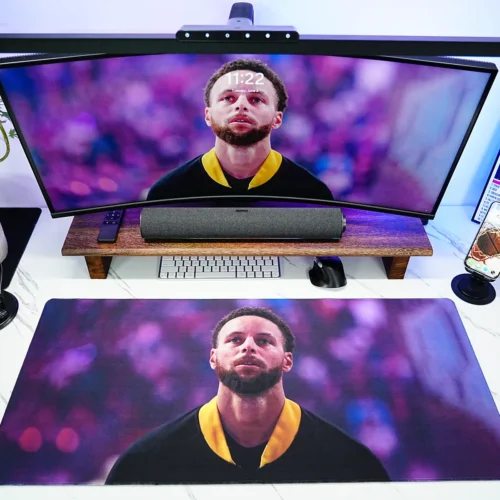 Stephen Curry Desk Mat for NBA Desk Setup Stephen Curry desk mat displayed in a complete NBA-themed desk setup