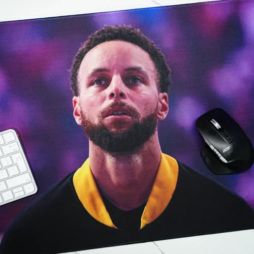 Stephen Curry Desk Mat for Keyboard and Mouse Stephen Curry desk mat used with keyboard and mouse on a clean desktop