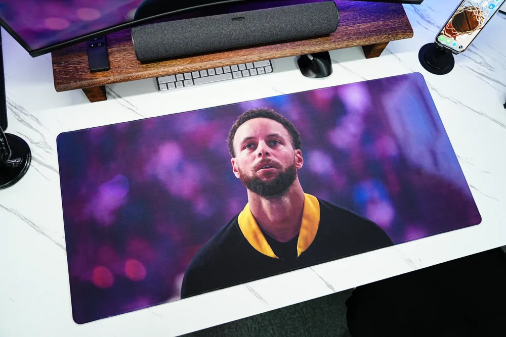 Stephen Curry Wide Desk Mat for Full Setup Stephen Curry wide desk mat covering a large desktop with monitor and accessories