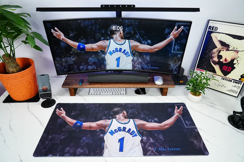 Tracy McGrady Basketball Gaming Mouse Pad in a matching monitor and desk setup with ultra-clear player back-view artwork