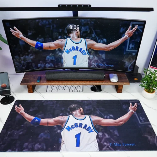 Tracy McGrady Basketball Gaming Mouse Pad in a matching monitor and desk setup with ultra-clear player back-view artwork