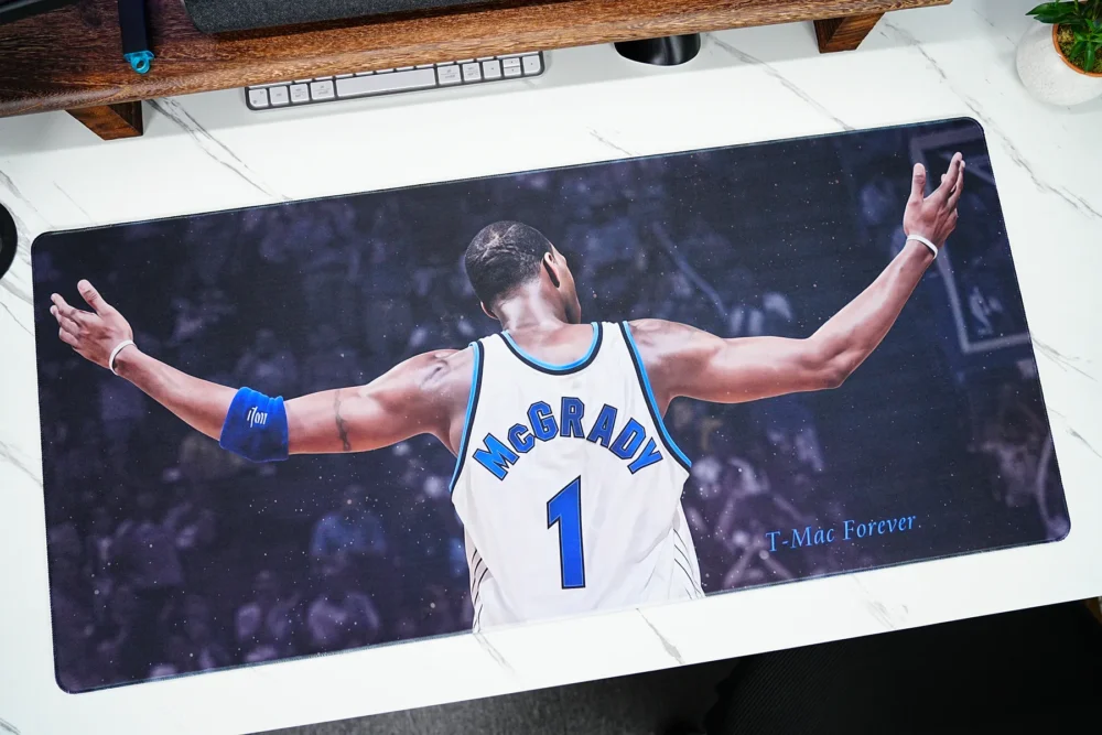 Wide T-Mac basketball gaming mouse pad with ultra-clear player back-view artwork and room for fast mouse movement