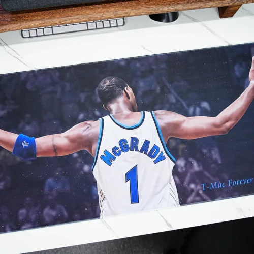 Wide T-Mac basketball gaming mouse pad with ultra-clear player back-view artwork and room for fast mouse movement