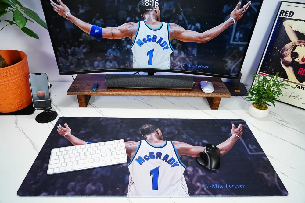 Basketball gaming desk mat used with keyboard and mouse, giving players wide control space and a T-Mac court-inspired look