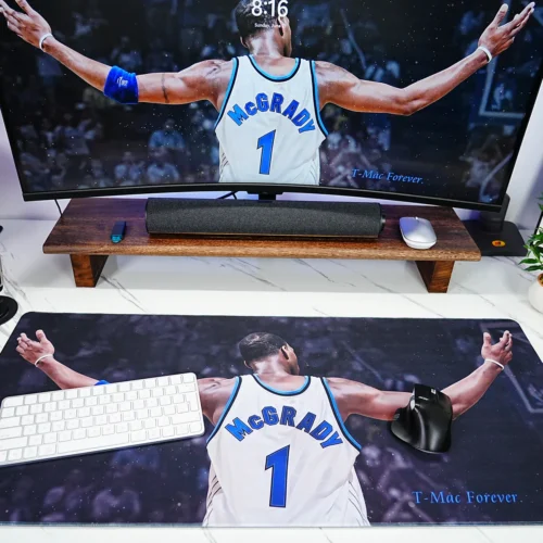 Basketball gaming desk mat used with keyboard and mouse, giving players wide control space and a T-Mac court-inspired look