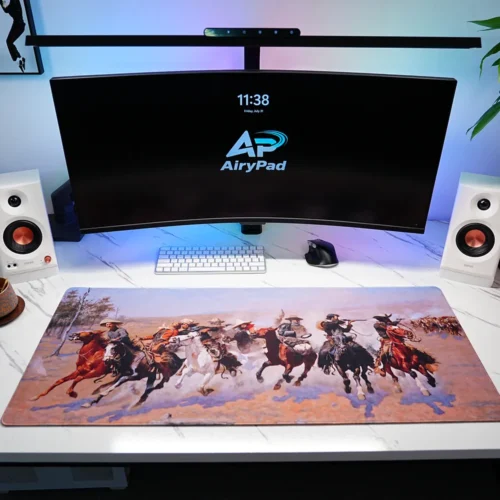 A Dash for the Timber western art desk mat in a desktop setup with keyboard and mouse