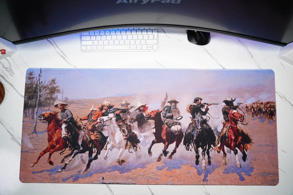 Close-up of A Dash for the Timber mouse pad showing cowboy horse-riding artwork detail