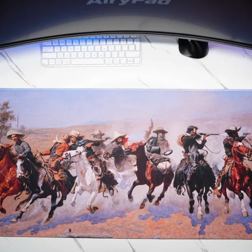 Close-up of A Dash for the Timber mouse pad showing cowboy horse-riding artwork detail