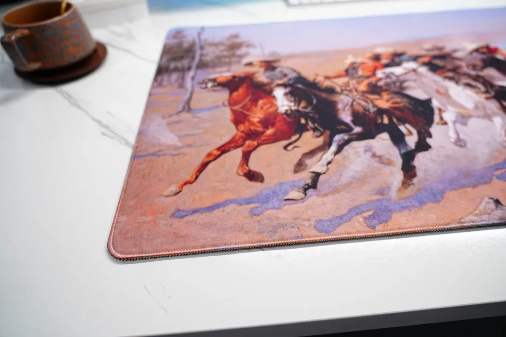 A Dash for the Timber desk mat close-up showing smooth fabric surface for mouse tracking
