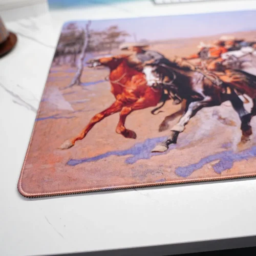A Dash for the Timber desk mat close-up showing smooth fabric surface for mouse tracking
