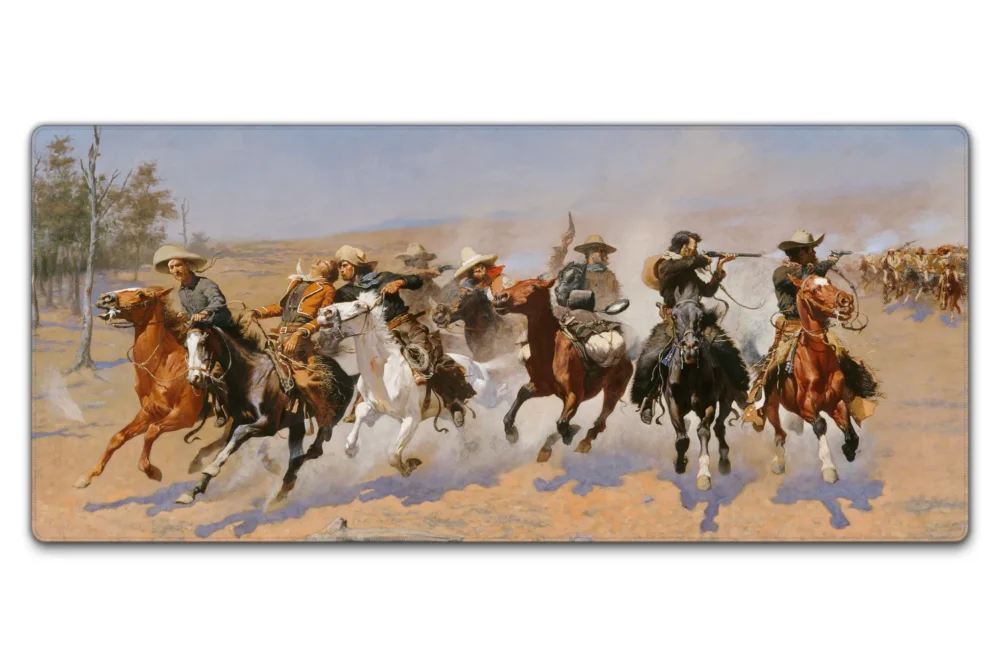 A Dash for the Timber Western Art desk mat in 90 x 40 cm with cowboy horse-riding artwork